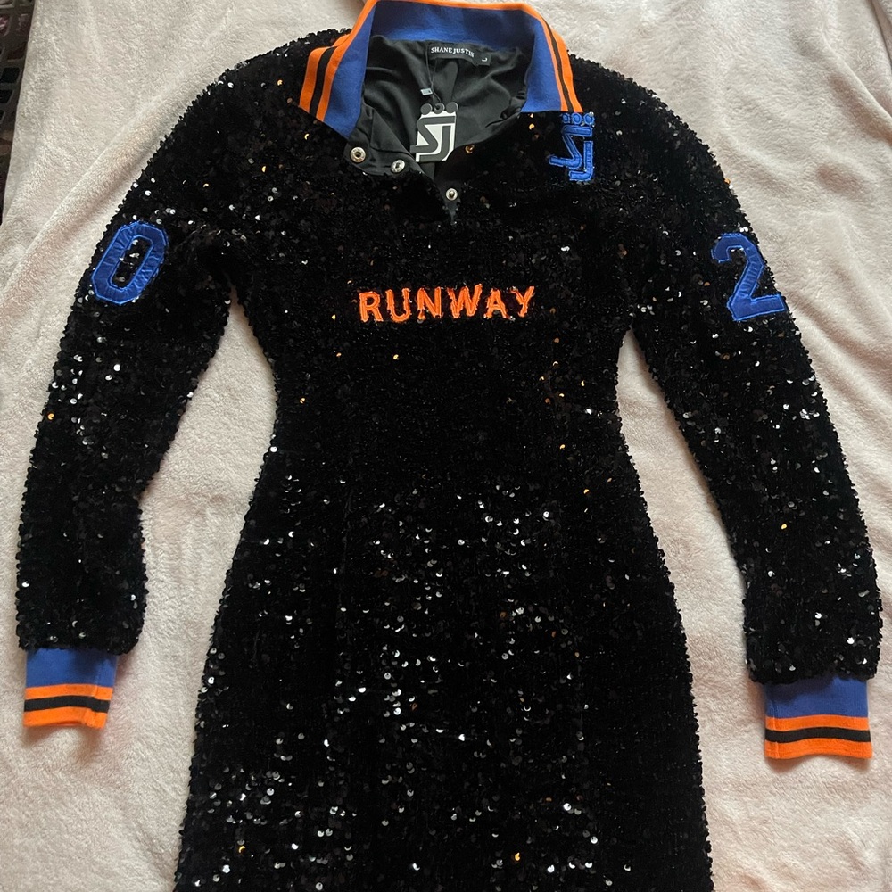 SJ Black Sequin Long Sleeve Dress with Orange and Blue Accents